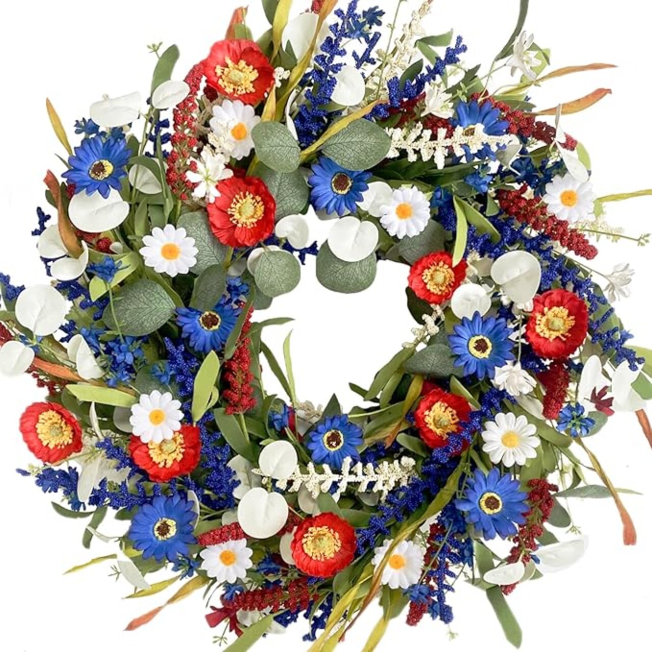 20 Inch Patriotic Wreath Independence Day Red, White and Blue Daisy Grass Leaf Wreath for Doorsteps, Memorial Day Flag Day Veterans Day